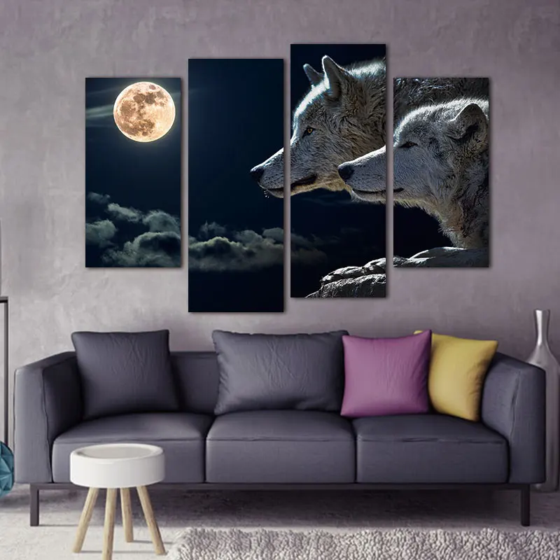 4 панели Толстовка с принтом волк при лунном свете Настенная картина холст