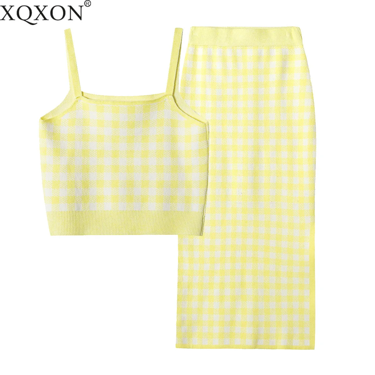 

Women's Plaid Sling Sets 2021 Summer New Fashion Hem Slit Checkered Knitted Skirt Suit Women