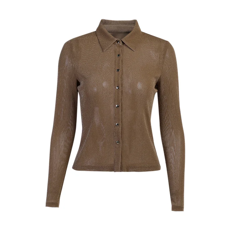 

Long Sleeve Button Cardigan Women Brown Turn-down Collar Button Sexy See-through Casual Fashion Shirts Solid Elastics