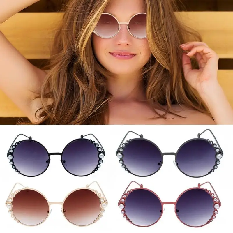 Модные Винтажные женские солнцезащитные очки в круглой оправе с бусинами