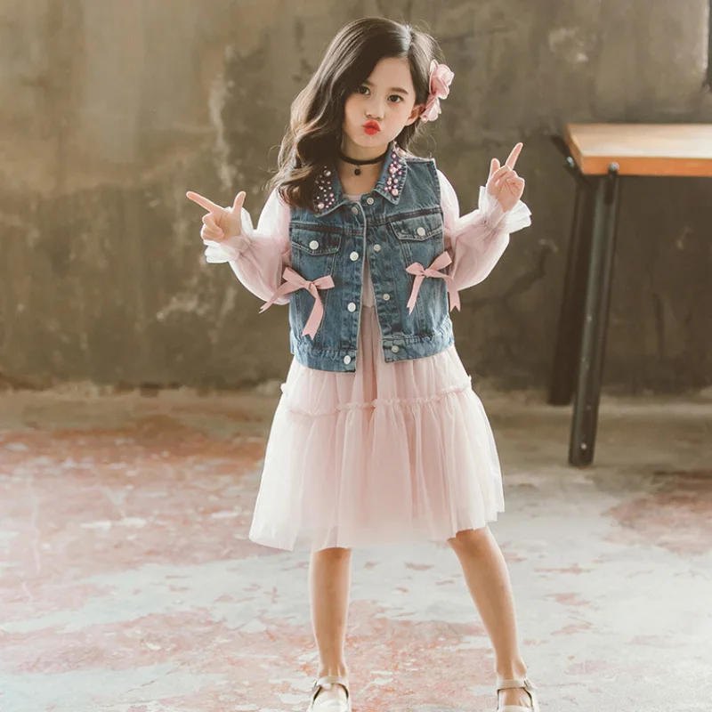 LZH/осень 2020 модное джинсовое платье майка с жемчужинами комплект из 2 предметов