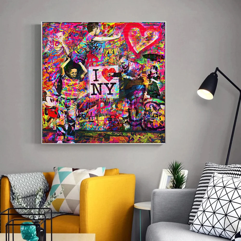

Abstract Graffiti Art Canvas Painting I Love NY Poster And Print Wall Art Colorful Banksy Picture For Living Room Decor No Frame
