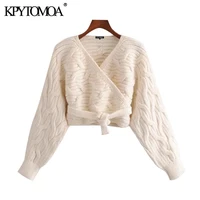 kpytomoa women 2021 fashion wrap tied hem cropped cable knit cardigan sweater vintage long sleeve female outerwear chic tops