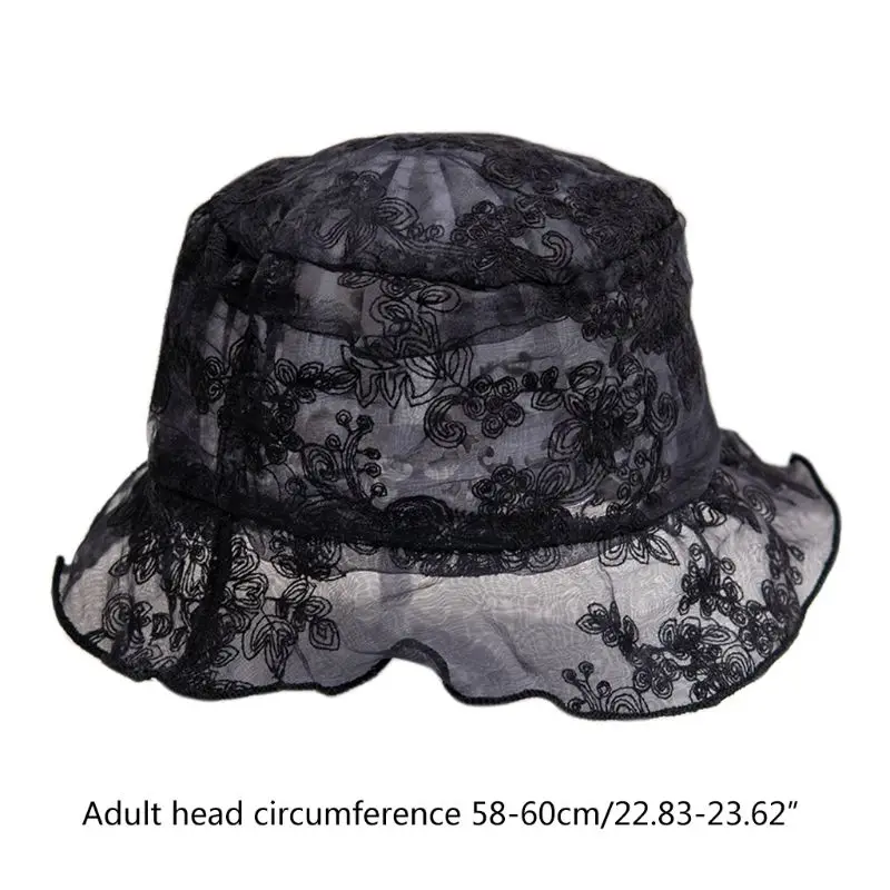 

Women Spring Lace Gauze Bucket Hat Embroidery Floral Ruffles Edge Trendy Sun Cap