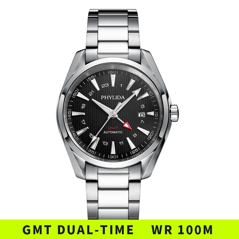 Водонепроницаемые автоматические часы GMT 10 бар 100 м с черным циферблатом модные