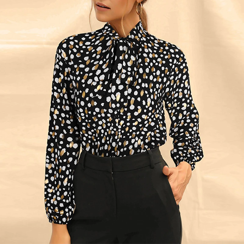 

New Trendy Vintage Elegamt Women Casual Blouses Dot Print Bowknow Casual Street Chic Female Blusas Shirts Streetwear