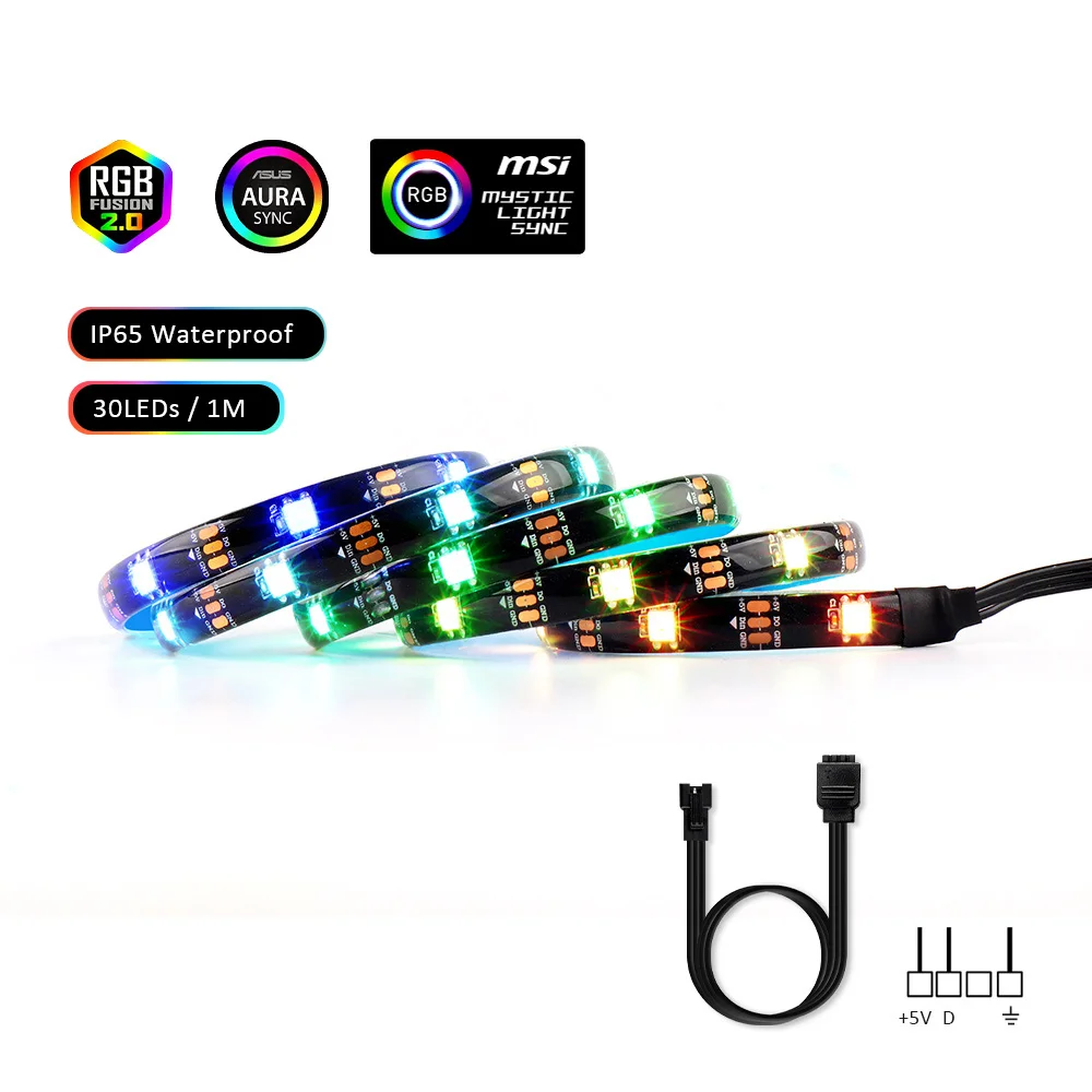 1x1M 30leds IP65 Светодиодные ленты светильник RGB 5V прибор приемно-ws2812b полосы для ПК чехол материнская плата 3 контактный разъем для ASUS Aura SYNC, MSI Mystic светильник синхронизации - Испускаемый цвет: 1x1M 30leds IP65