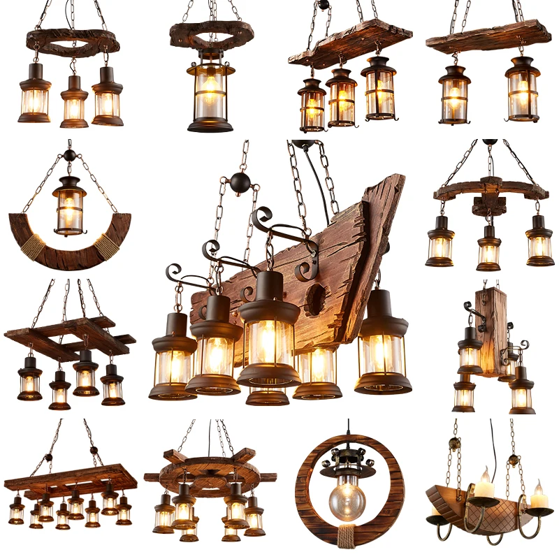

Modern Retro Industrial Wood Led Chandelier Lighting American Rural Loft Bar Wooden Lamps For Vintage Home Decor Hanging Lights