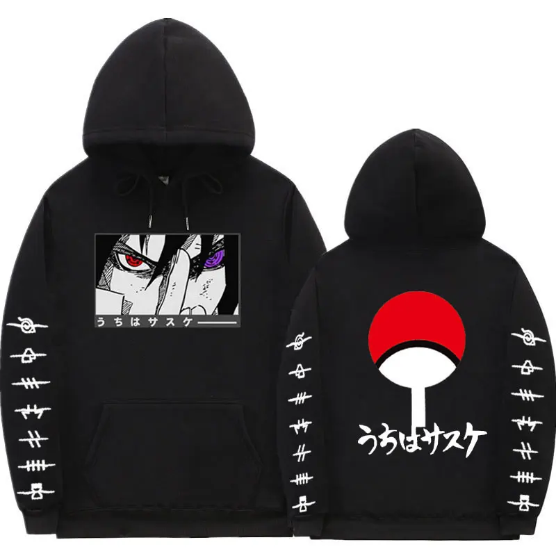 

Japanese Streetwear Anime Hoodies Loose Coat Fleece Uchiha Sasuke Akatsuki Hoodie Sweatshirt Unisex Clothes Black white