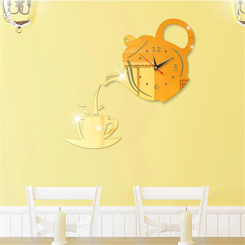 

Acrylic DIY Creative Clock Wall Sticker Living Room 3D Mute Mirror Teapot Decoration Wall Clock