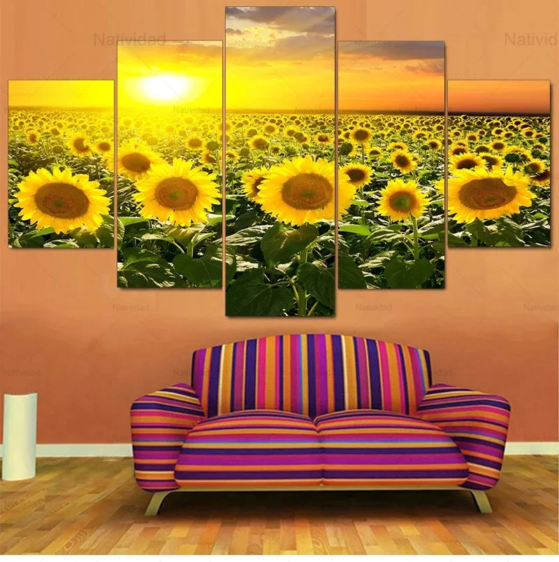 

High-Definition Printed Canvas Sunflower Sunset Golden Flower Field Mural Home Decoration Wall Picture Suitable for Living Room
