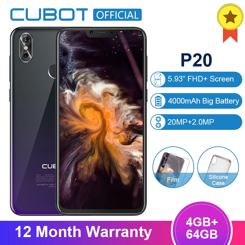 Cubot P20 4 Гб 64 Нотч экран Android 8 0 мобильный телефон MT6750T Восьмиядерный 6 18 дюймов