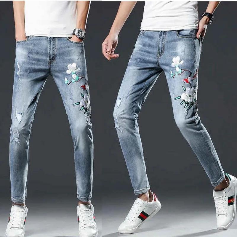 2021 Men's Jeans Stretch Light Blue Embroidery Jeans Men Tide Brand Slim Fit Classic Denim Pants Men's Thin Jeans