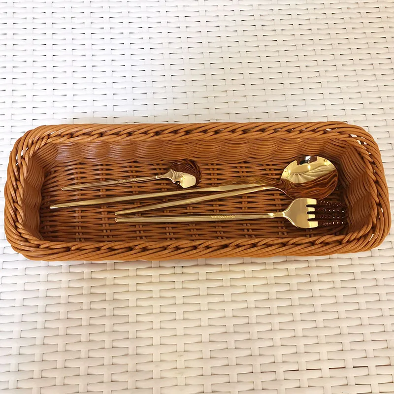 

Imitation rattan woven western food knife and fork basket, rectangular woven tableware, chopsticks receiving basket kitchen