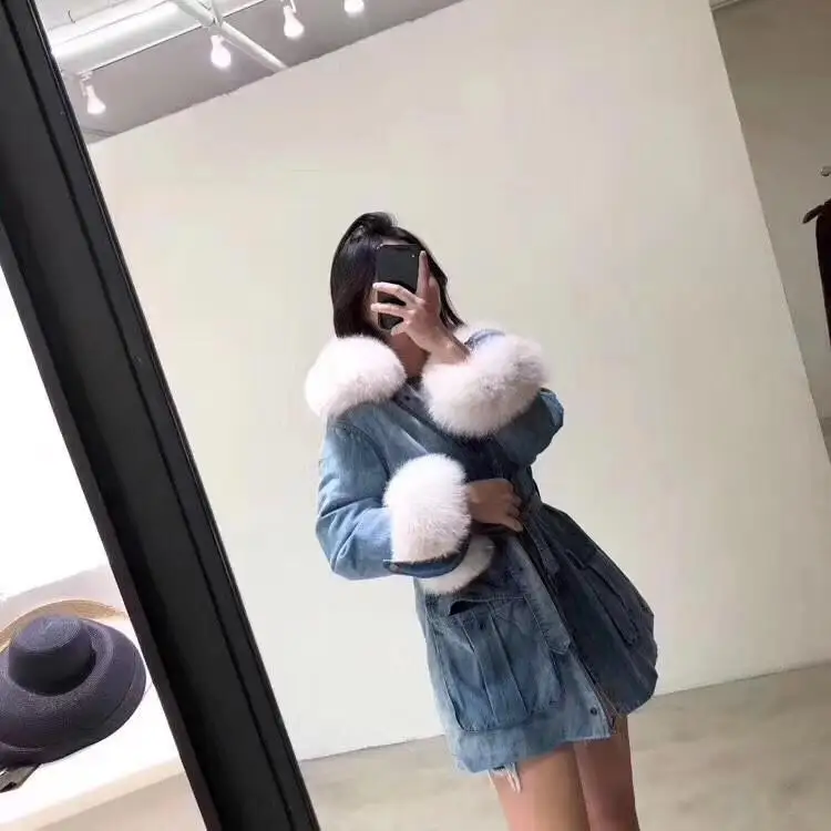 Winter Fox Fur Collar Denim Jacket Women Thick Coat Jean Loose Duck Down 2 Piece Set | Женская одежда