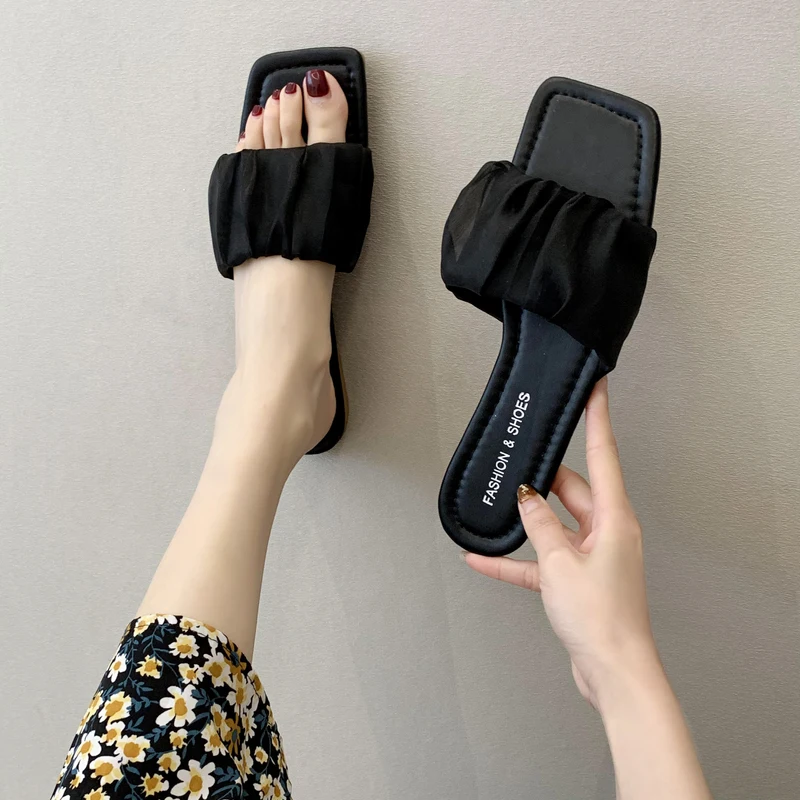 

Shoes Slippers Flat Lace Square Toe Luxury Slides Slipers Women Low Designer Soft 2021 Casual Rome PU Rubber Leisure Female Shoe