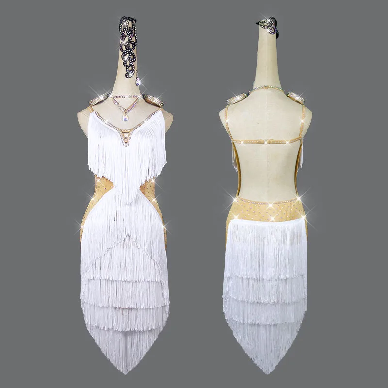 

New Latin Dance Dress Latin Skirt Competition Dress Costumes Performing Dress Sparkly Rhinestone Customize Children White Tassel
