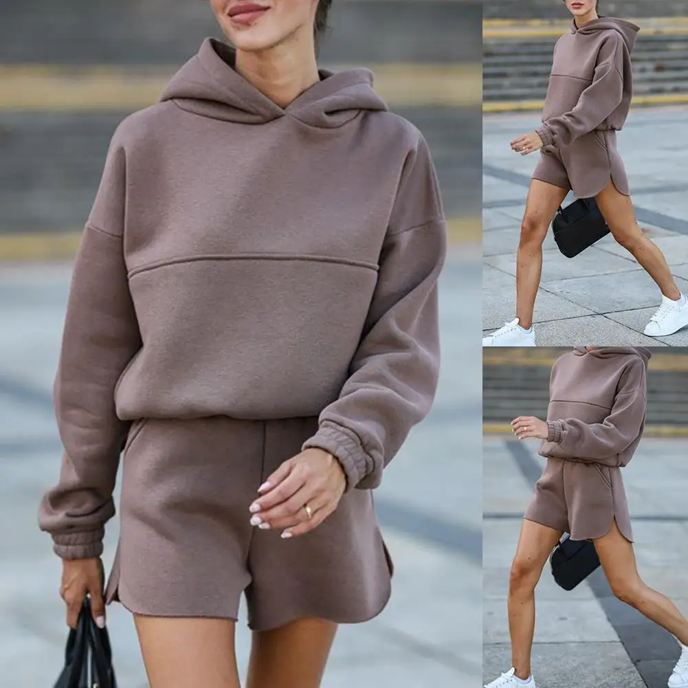 

Solid Color Short Two Piece Set Women Outfits Set Long Sleeve Hooded Pullovers Top Loose Shorts 2 Piece Set Women Tracksuits