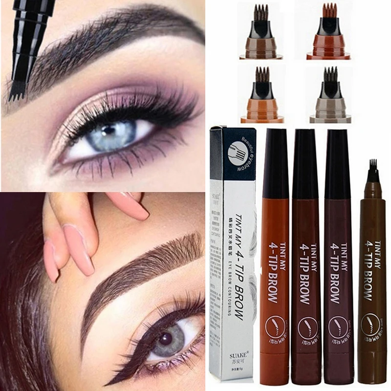 Microblading карандаш для бровей, 4 насадки, вилка, жидкая ручка, коричневый, черный, водостойкий, стойкий, хна, профессиональный тонкий карандаш для бровей