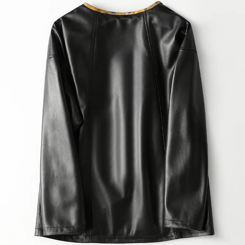 High Street Sheepskin Mid Length Black Jacket Printed Lining Women's Genuine  Leather New Casual Coat 2021 Spring Clothing