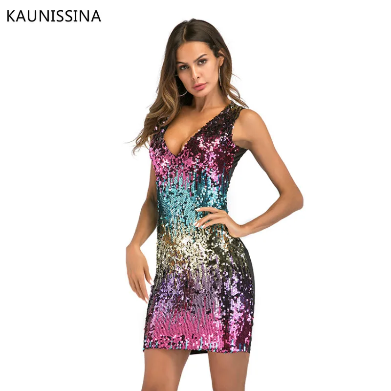 Красный KAUNISSINA Women Cocktail Dress Fashion Homecoming Dresses Sleeveless Dress Sequins Stitching Sexy Bodycon Mini Dress Party Prom - Цвет: Красный