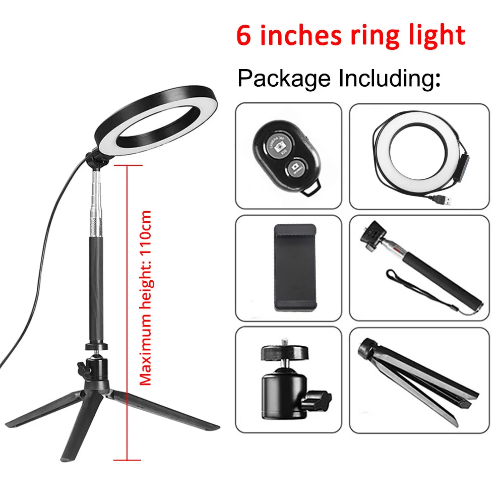 6 inches ring light Capsaver светодиодный кольцевой светильник для селфи с регулируемой яркостью, кольцевая лампа для макияжа, Настольный светильник USB для съемки фото и видео, с держателем для телефона на штативе - Цвет: 6 inches ring light