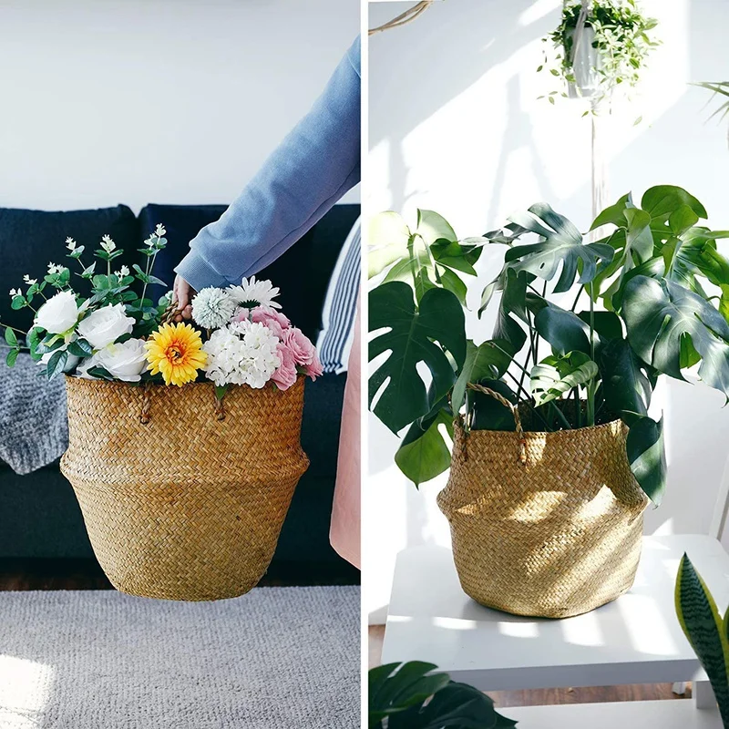 

Seaweed Plant Basket-Hand-Woven Belly Basket with Handle, Plant Basket, Home Woven Beach Bag (Two-Piece)