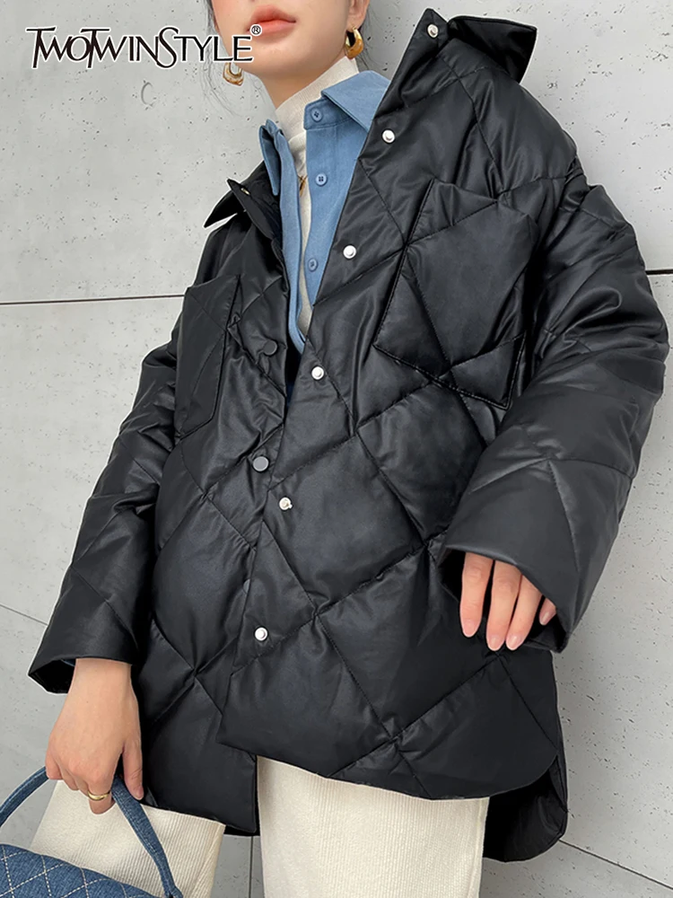 

TWOTWINSTYLE Casual Pu Thick Cotton Coat For Women Lapel Loose Long Sleeve Single Breasted Coats Female 2021 Winter Clothing New
