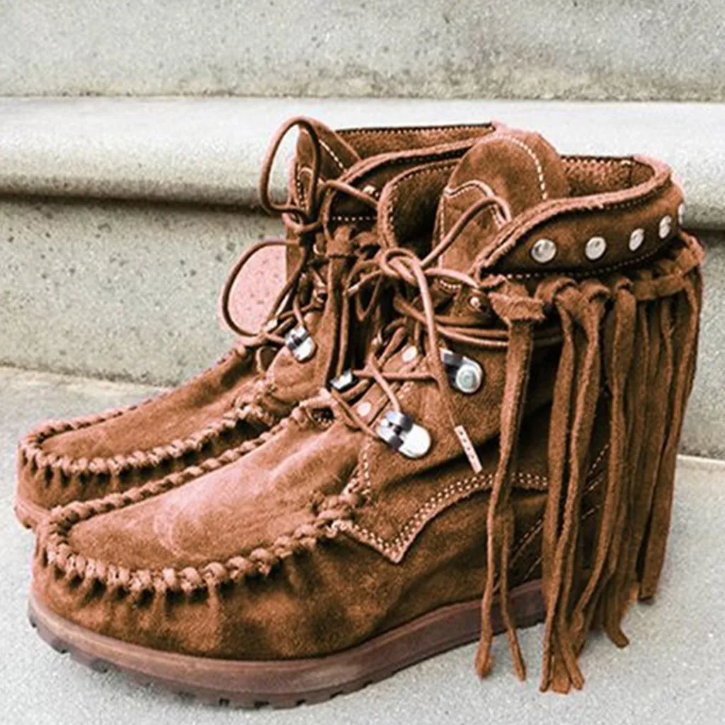 

SAGACE Rome Snow boots Women 2019 Solid Large Size sexy ankle boots for women tassel Lace-Up Low Flat Heels Fringe Casual Shoes