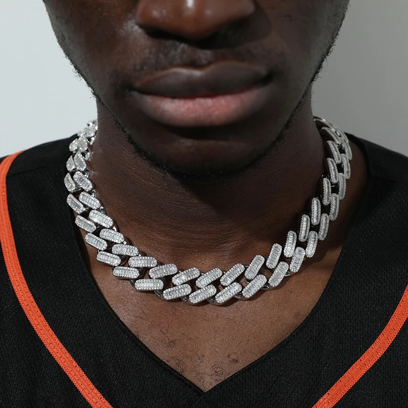 

19MM Box Buckle Baguette Cubic Zirconia Prong Chain White Gold Plated Jewelry CZ Stones Men Bling Iced Out Hip Hop Necklace