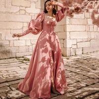 thinyfull blush evening dress vintage 2021 square collar split long sleeve a line button backless prom gown party princess dress