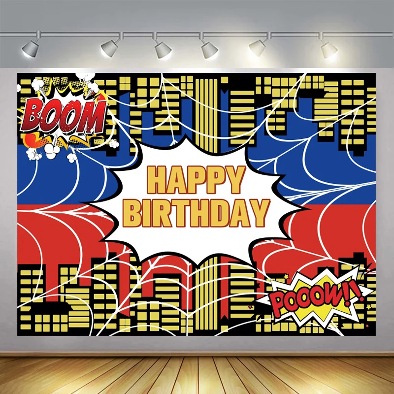 Яркий светящийся фон с изображением ночного города мультфильма супергероя