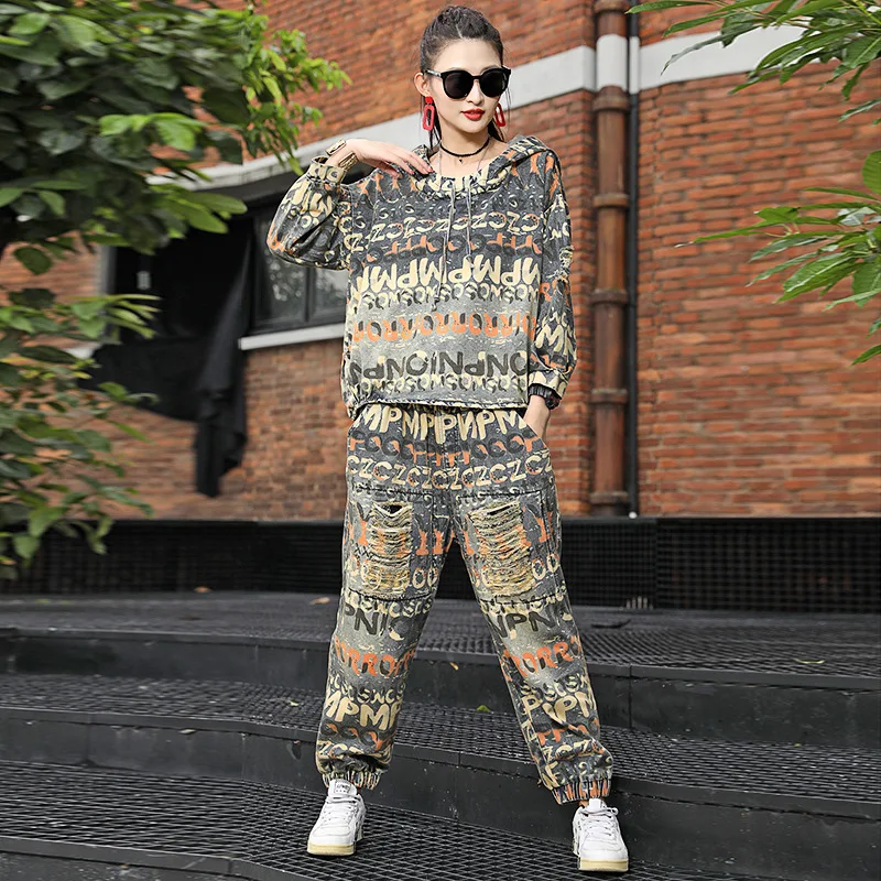 

Women's Fashion Suit 2020 Autumn Korean Style Loose Printing Hole Denim Suit Women Two Piece Outfits Set For Women Hotsale