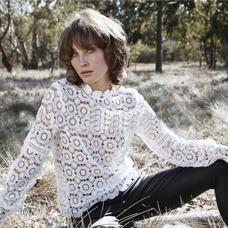 

New Elegant Floral Lace Blouse Hollow Shirt Women Lantern Sleeve White Blouse Spring Summer Blouse KH800442