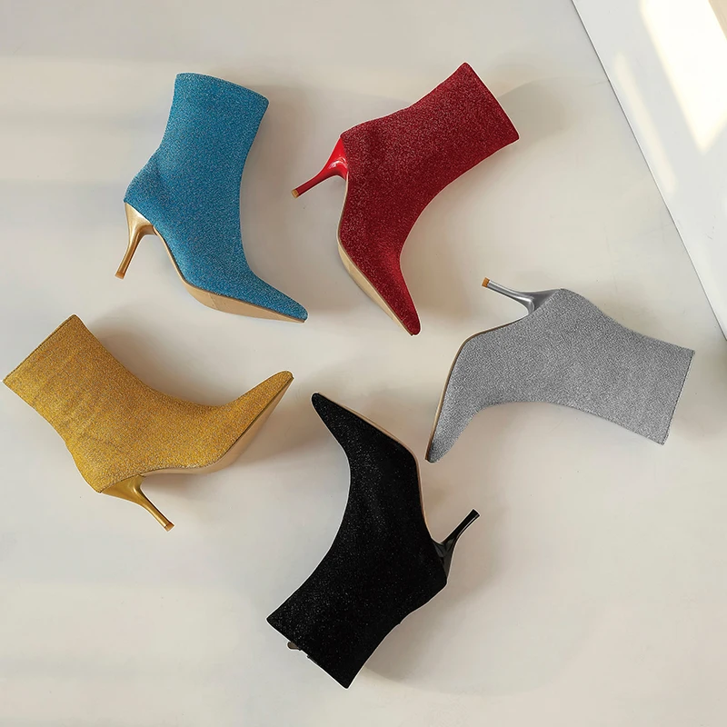 

2021 Stretch Leather Boots Thin High Heels Shoes Pointed Toe Women Boots Autumn Winter Solid Color Ankle Boots Size 45 46 47