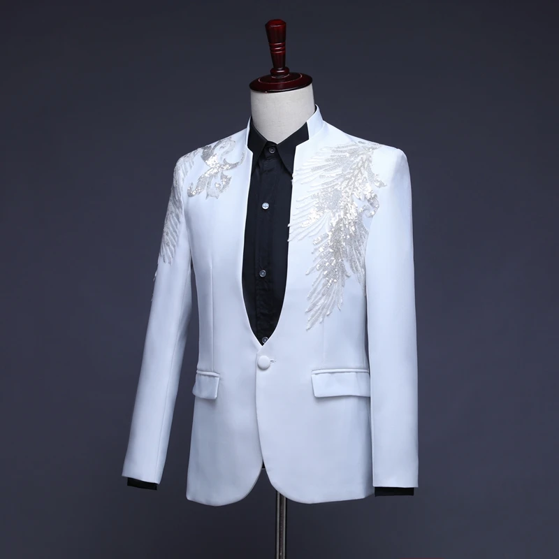 Мужской костюм для банкета со стразами и вышивкой в виде перьев выпускного