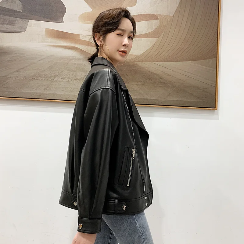 JAZZEVAR 2021 New High Fashion Street Women Real Sheep Skin Leather Jacket oversized Motorcycle Casual Jackets loose clothing