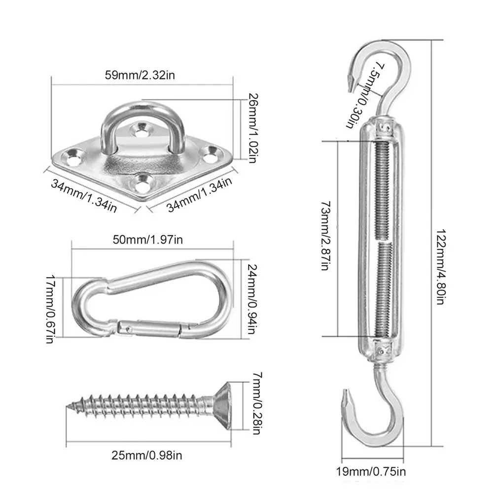 

Sun Shade Sail Canopy Accessory 18pcs/set 304 Stainless Steel Hardware Kit Turnbuckle Pad Eye Carabiner Clip Hook Screws Silver