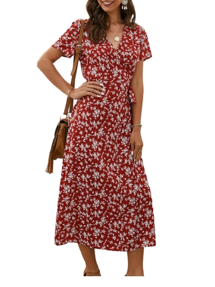 

2021 Summer Retro Long Floral Print Dress Women's Summer Beach Dress V-neck Short Sleeve Casual Slim Women's Sun Dress