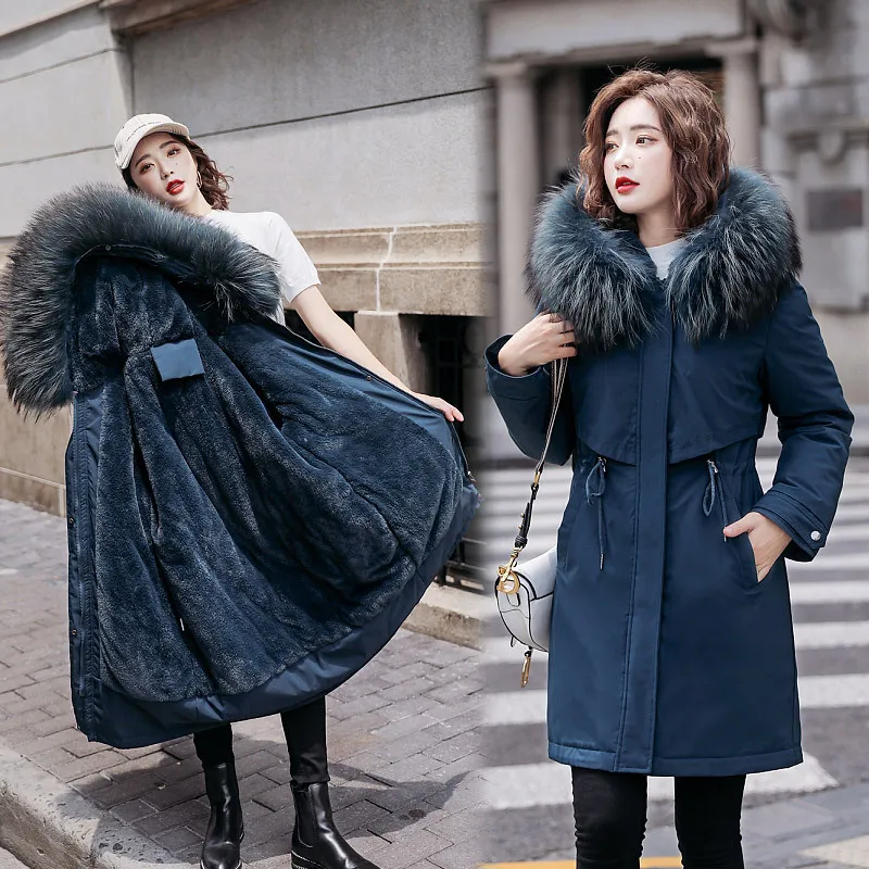 

New Warm Fur Lining Long Parka Winter Jacket Women's Clothing Plus Size 6XL Medium Long Hooded Winter Coat Women h0012