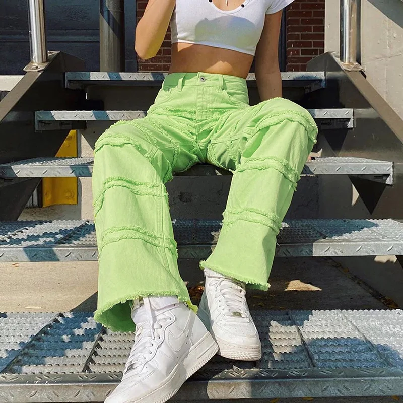 

Fluorescent Green Trousers For Women Casual High Waist Zipper Fly Pockets Straight Long Pants Joggers Street Loose Slacks Autumn