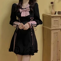 vintage cute soft girl long sleeve ruffle sailor collar lace up sweet dresses black preppy style bow party princess dress women