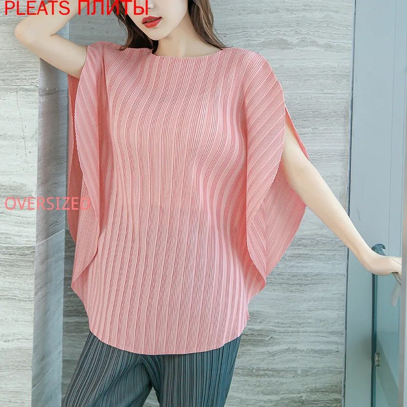 

Miyake Pleated Round Top Women's Summer New Fashion Loose Large Size Round Neck Pullover Short Sleeve Solid Color T-shirt PLEATS