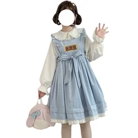 lolita kawaii bear doll dress teen girls brown winter vintage corduroy overalls women sleeveless princess party cute blue dress