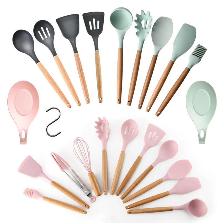 

Silicone Wooden handle Turner Soup Spoon Spatula Brush Scraper Pasta Egg Beater Non-stick pan Kitchen Cooking Tools Kitchenware