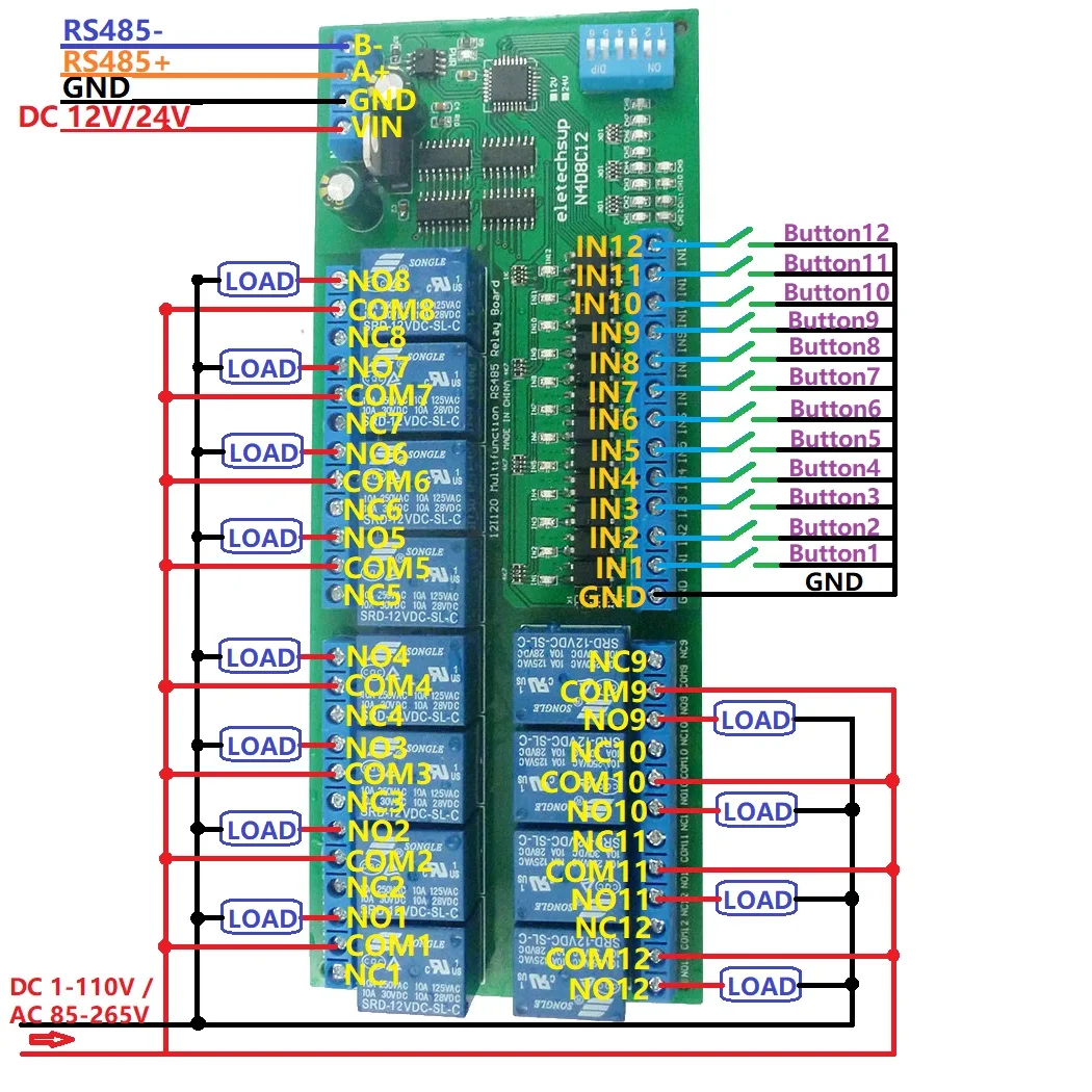 

12CH DC12V 24V NPN цифровой входной выход UART RS485 релейный модуль Modbus RTU DIN35 C45 рельсовая плата для управления машиной PLC PTZ