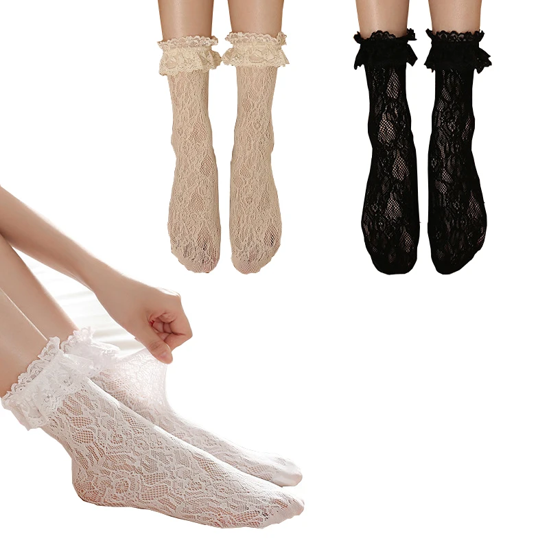 

Ruffle Cup Lace Socks Women Sheer Frilly Fishnet Lolita Princess Thin Ballert Dance Flower Ladies Solid Color Crew Sock