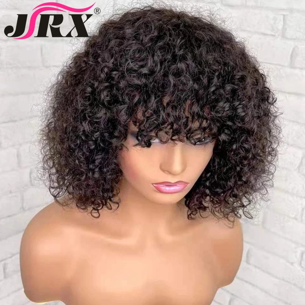 

Short Bob Afro Kinky Curly Human Hair Wigs with Bangs Glueless Full Machine Made Wigs Wigs For Women Peruvian Fringe Remy Hair