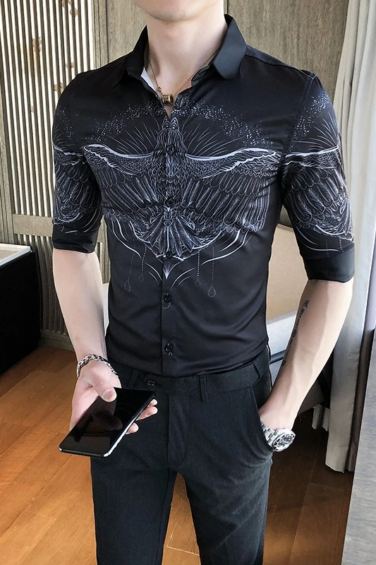 

Men's Eagle Print Shirt Fashion Slim Streetwear Shirts Nightclub Social Party Shirts Short Sleeve Casual Shirt Camisa Masculina