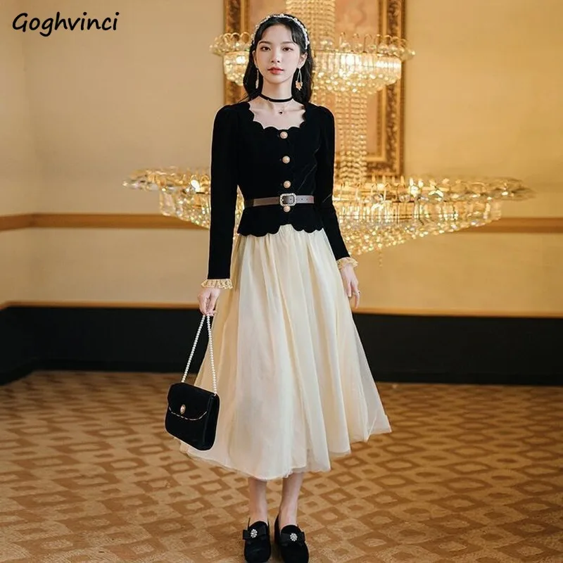 

Women Sets Long Sleeve Square Collar Button Shirts Ankle-length Skirts French Vintage Style Elegant Office Ladies Design Chic